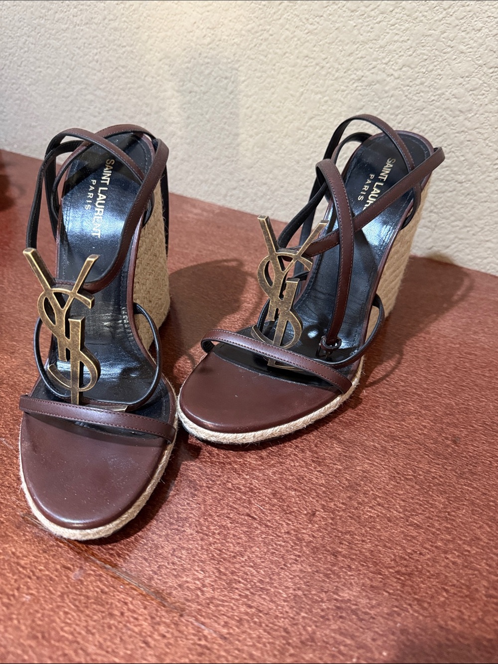 Saint Laurent Brown Leather Espadrille Wedge Sandals with Gold YSL Monogram